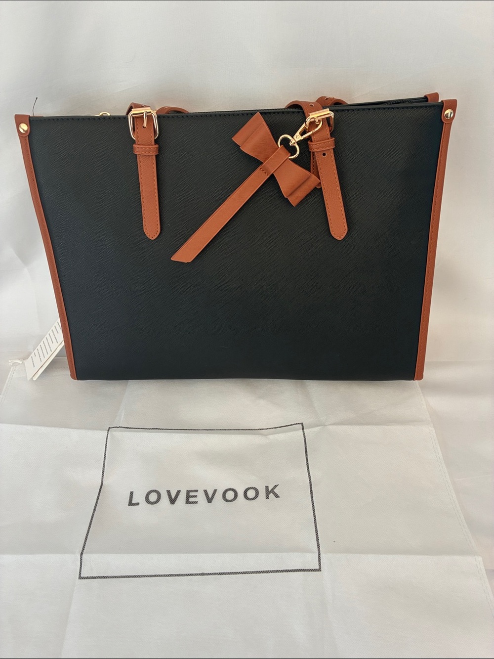 LOVEVOOK Black Laptop Bag Black with Brown Trim & Bow Accent with Dust Bag